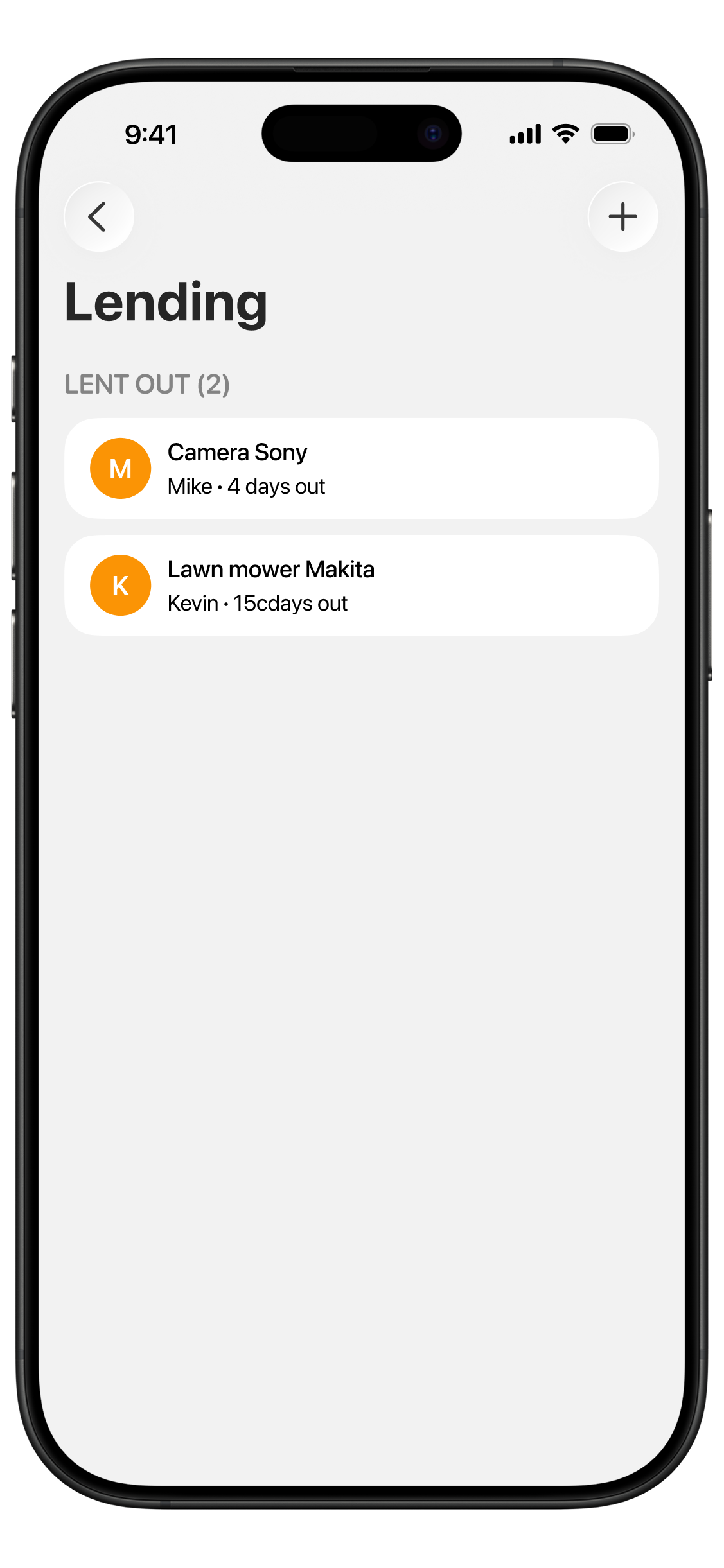 HomeStock — Lending screen with items currently lent out